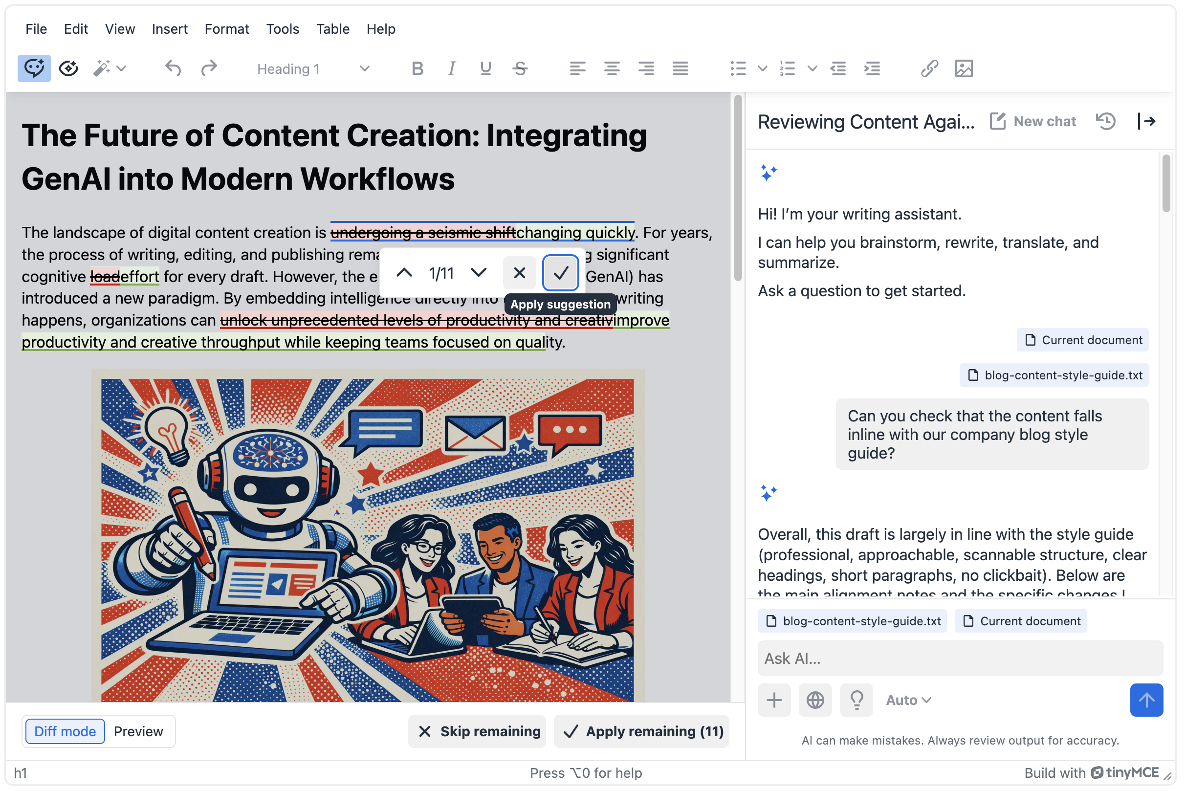 TinyMCE AI Chat apply changes